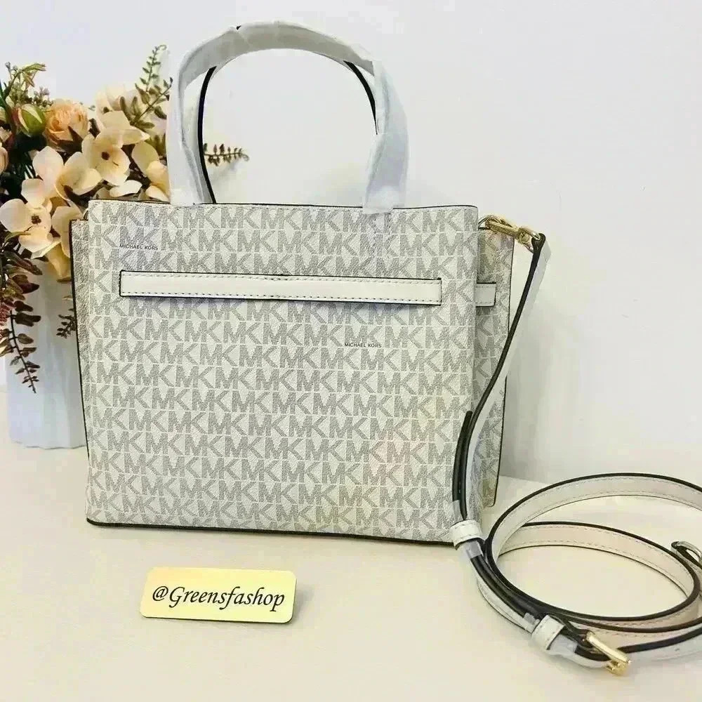 Michael Kors Emilia Small Satchel Crossbody Bag Light Cream MK Signature - Picture 5 of 11